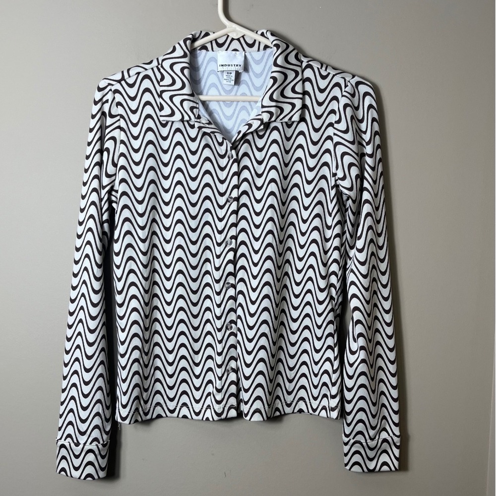 Industry Retro Psychedelic Wave Print Button Down Shirt Brown Cream Small S 70s